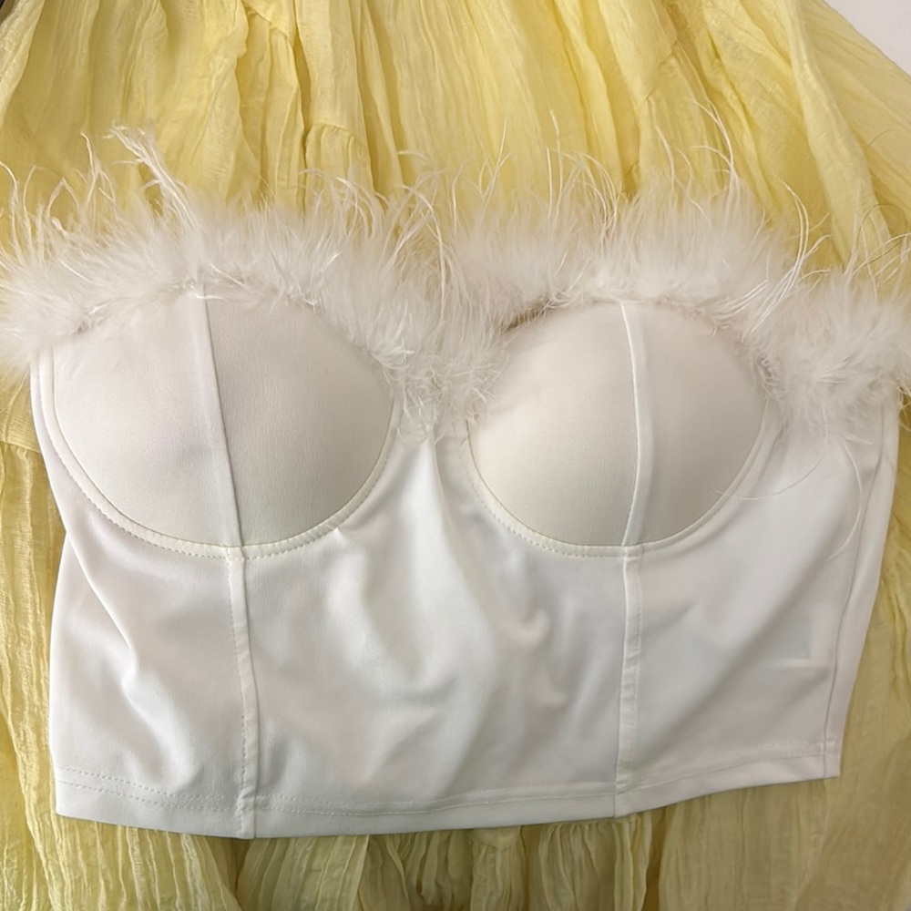 White Feather-Trimmed Bustier Top